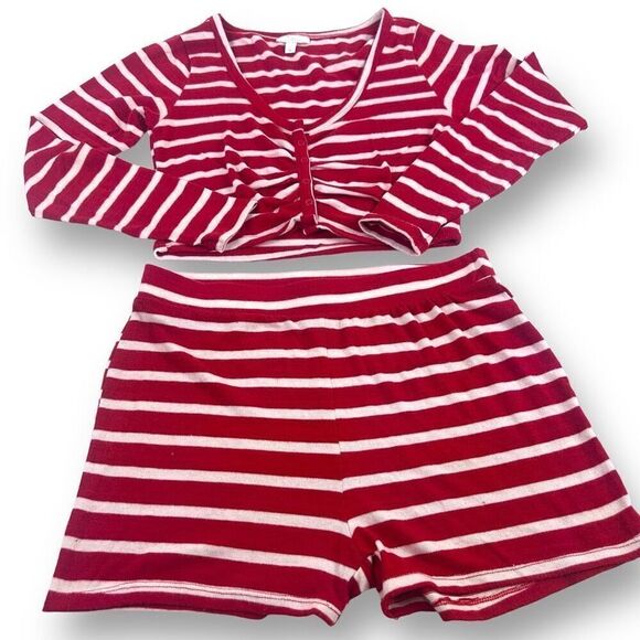 Colsie Women's L 2Pc Crop Top Pajama Lounge Set Red And White Stripes Preppy - Picture 1 of 13